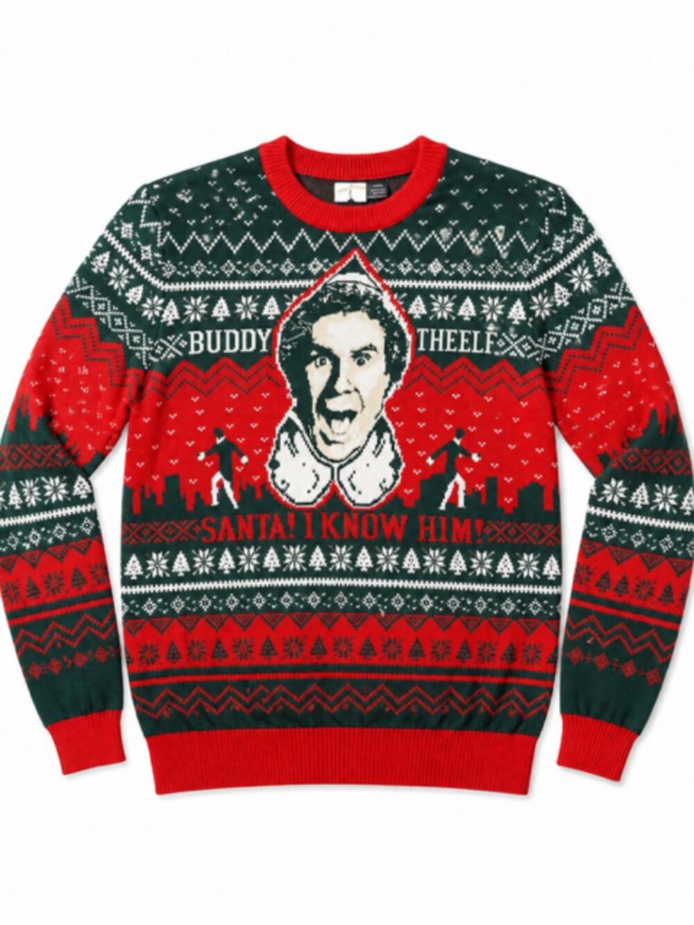 Funny Elf holiday sweater featuring Buddy the Elf with the iconic “Santa! I Know